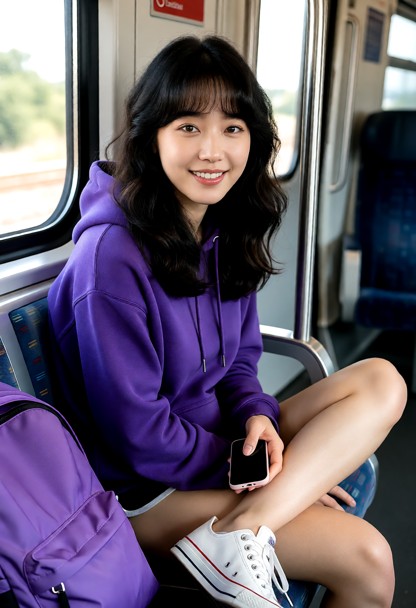 Location: Train. Position: Rebecca sits in train, legs crossed. Rebecca wears purple hoodie, black shorts, white tenn…