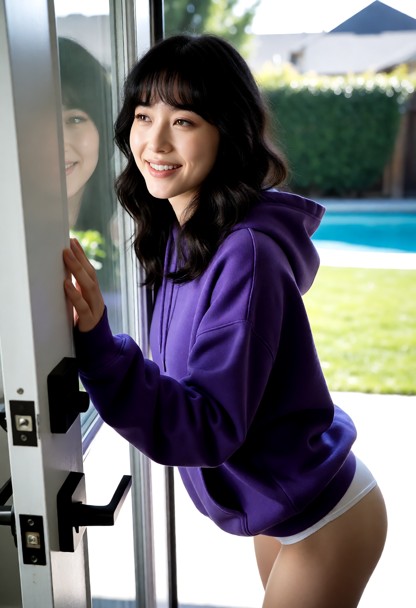 Location: Hallway door with view of bakyard. Position: Rebecca leans on glass back door. Rebecca looks out door towar…