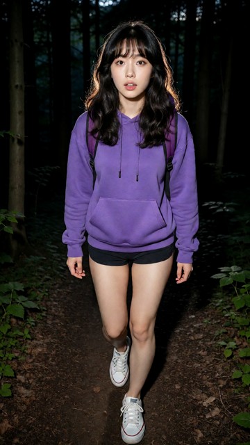 Location: Forest path. Position: Rebecca walks down dirt path in the forest. Rebecca wears purple hoodie, black short…