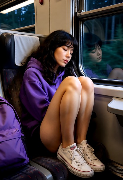 Location: Train. Position: Rebecca sits curled in a ball in train, looking out window. Rebecca wears purple hoodie, b…