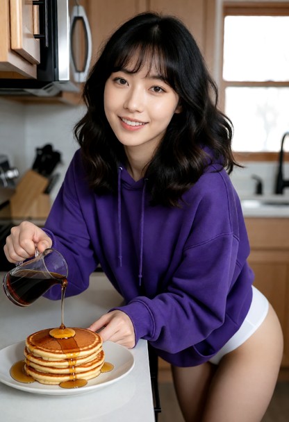 Location: Kitchen. Position: Rebecca leans over kitchen counter, pouring syrup on plate of pancakes. Rebecca wears ov…