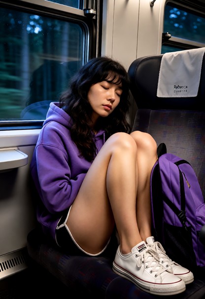 Location: Train. Position: Rebecca sits curled in a ball in train, looking out window. Rebecca wears purple hoodie, b…
