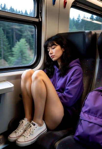 Location: Train. Position: Rebecca sits curled in a ball in train, looking out window. Rebecca wears purple hoodie, b…