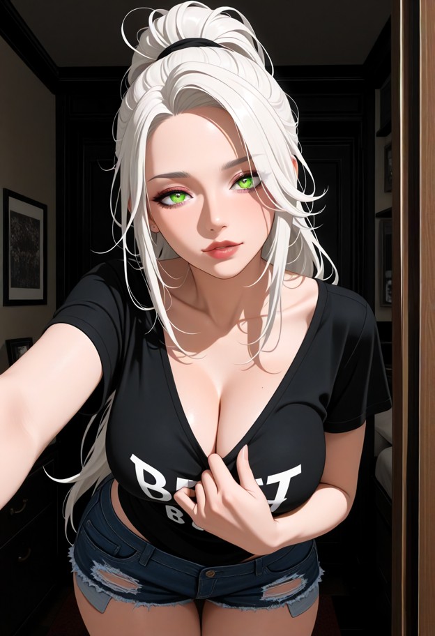 she is leaning towards viewer and tracing finger on chest,oversized black band tee,ripped blue denim shorts,bedroom,d…