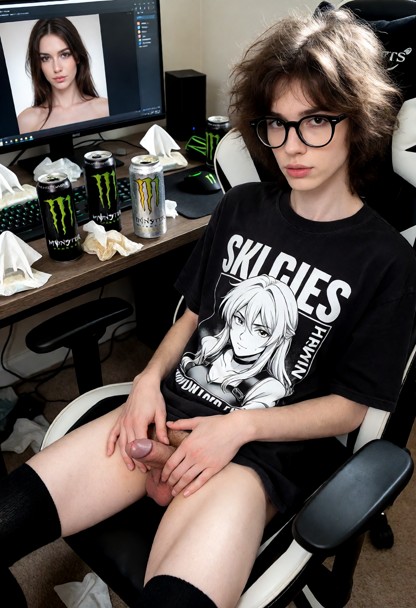 leaning back in a gaming chair wearing black thigh high socks, oversized anime t-shirt. Hes stroking hes tiny limp pe…