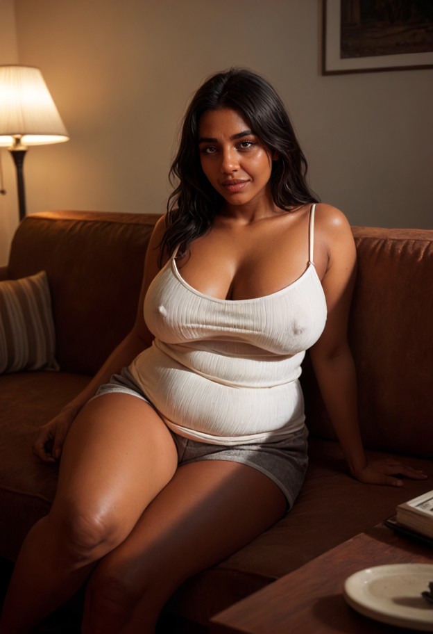 she is,sitting on sofa,leaning on shoulder,happy,white silk camisole,grey cotton shorts,cozy living room,soft fabric …