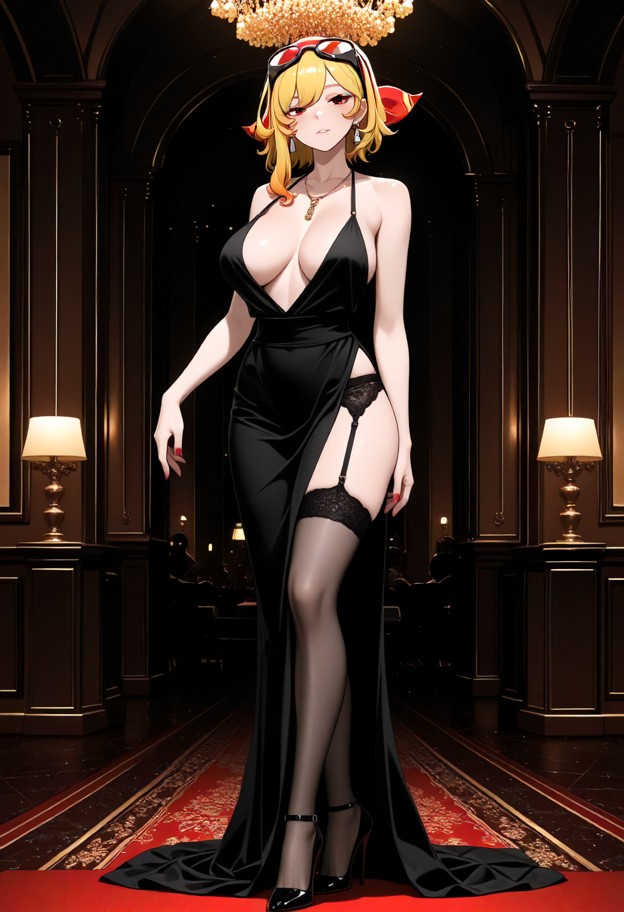 she is is standing in a ballroom,evening dress,slit dress,garter belt,stockings,stiletto heels,ballroom,luxury interi…