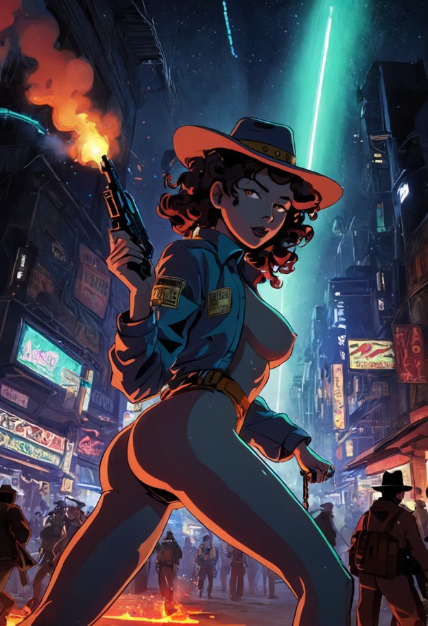 action-packed cowboy bebop aesthetic. the character is in a dynamic
running pose through a crowded,dusty martian mar…