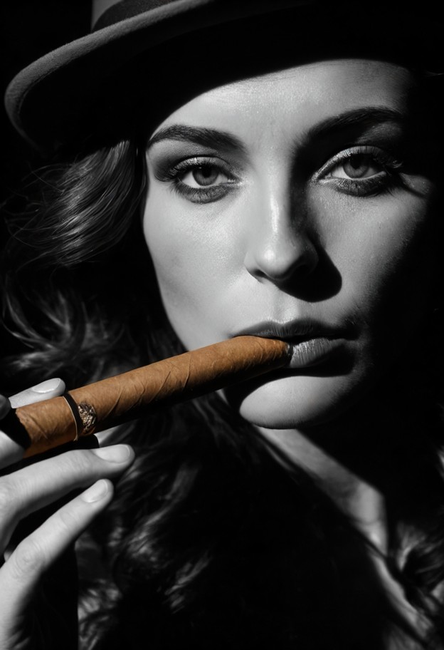 close-up portrait of a woman smoking a cigar,face clearly visible,highly detailed facial features
composition: tight…