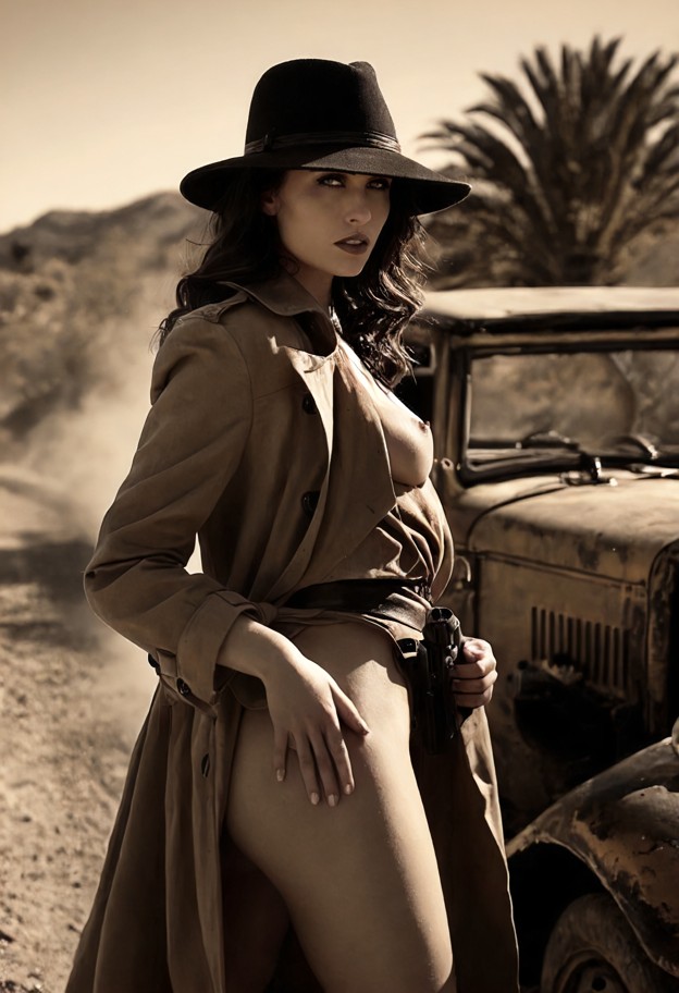 perfect anatomy,full body shot. (sepia:1.2) a striking woman standing,her bare legs gleaming under the hem of a loose…