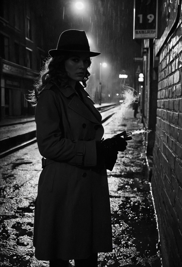 a rain-soaked,moody noir scene of evelyn reed in a dark alleyway. she
is leaning against a brick wall,the silhouette…