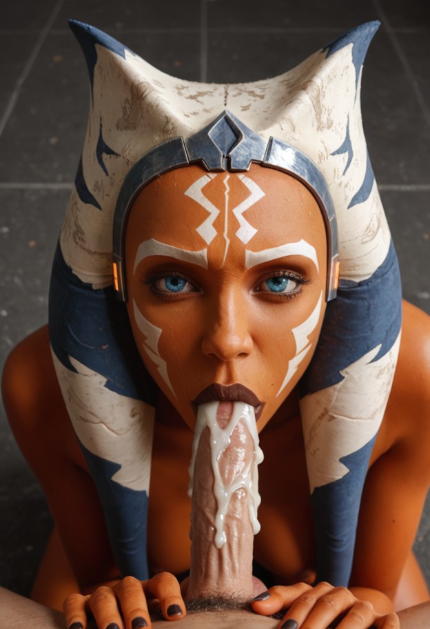 man pov,ahsoka on knees,ahsoka deepthroating viewer,ahsoka engulfing viewre's entire dick in mouth,creamy white cum f…