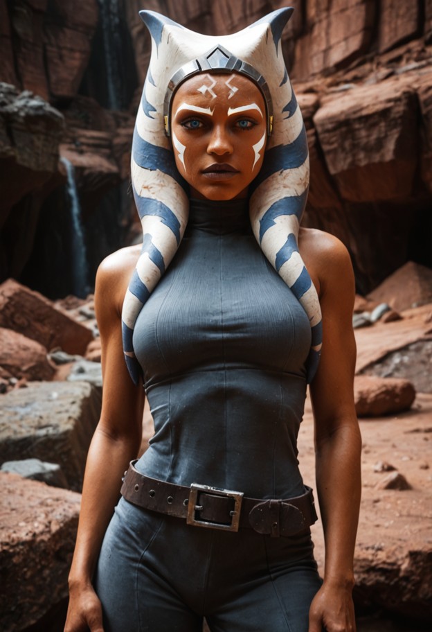 she is stands in a rocky canyon,grey sleeveless tunic,brown leather belt,rocky canyon,stone walls,debris,smoky atmosp…