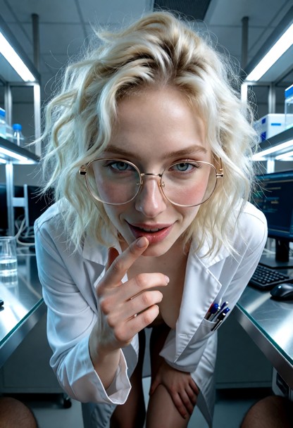 Location: evening in a sterile, modern laboratory with polished metal surfaces, glowing computer monitors, and cool b…