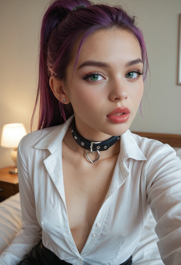 she is,solo,about to kiss pov,(close up,forming lips) facing viewer,blowing kiss,touching collar,white silk blouse,bl…