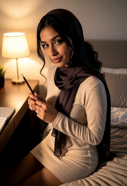 Location: a cozy bedroom during the evening, illuminated by the soft, warm glow of a bedside lamp that casts long, ge…