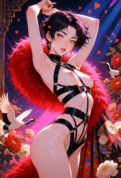 a full-body shot of a woman in a black bondage outfit with a large red feather boa, posing with her arms raised above…