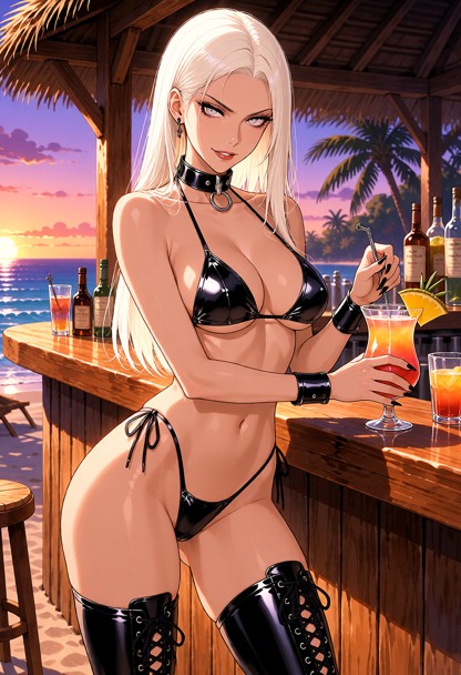 solo, 26-year-old dominant platinum blonde woman with long straight bright blonde hair, fair skin, sharp intense eyes…