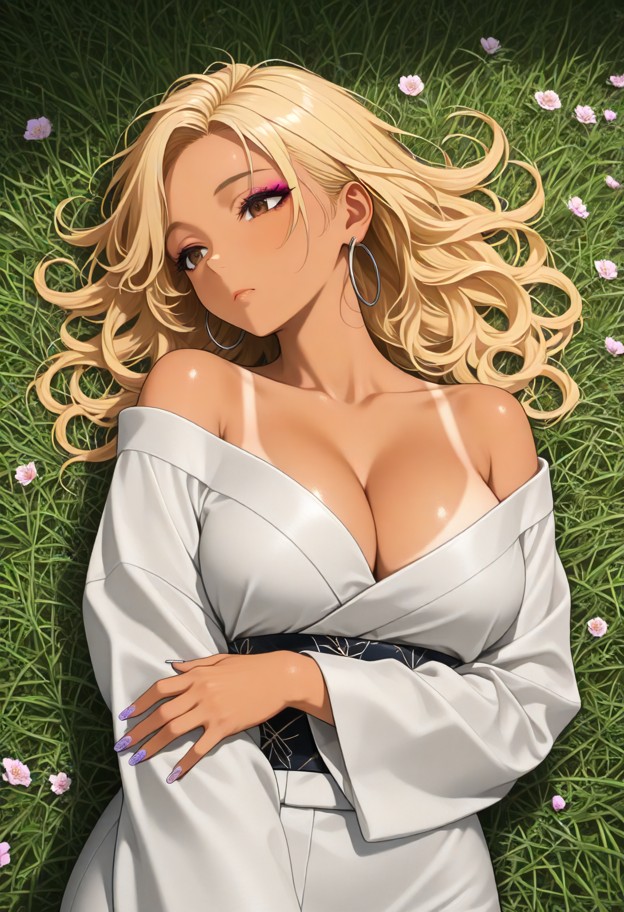 lying in a field,kimono slipping off her shoulders,vulnerable expression,flowers,soft lighting