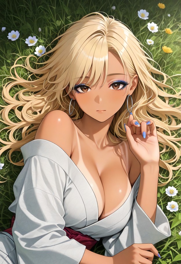 lying in a field,kimono slipping off her shoulders,vulnerable expression,flowers,soft lighting