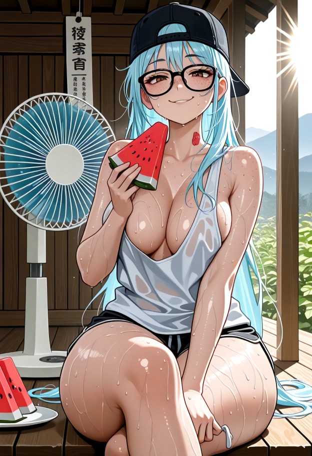1girl,solo,anime style,extremely hot japanese countryside summer,sitting on a wooden engawa of a traditional japanese…