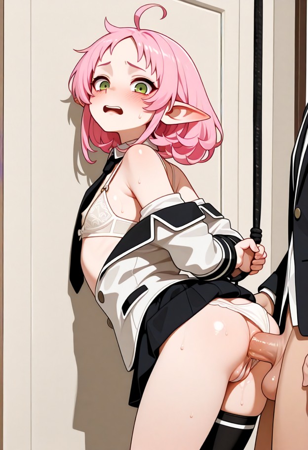(petite: 1.5,flat chest:2.0),1 tiny girl,single_thighhigh,school uniform,skirt,blazer,tie,knee-high socks,light makeu…