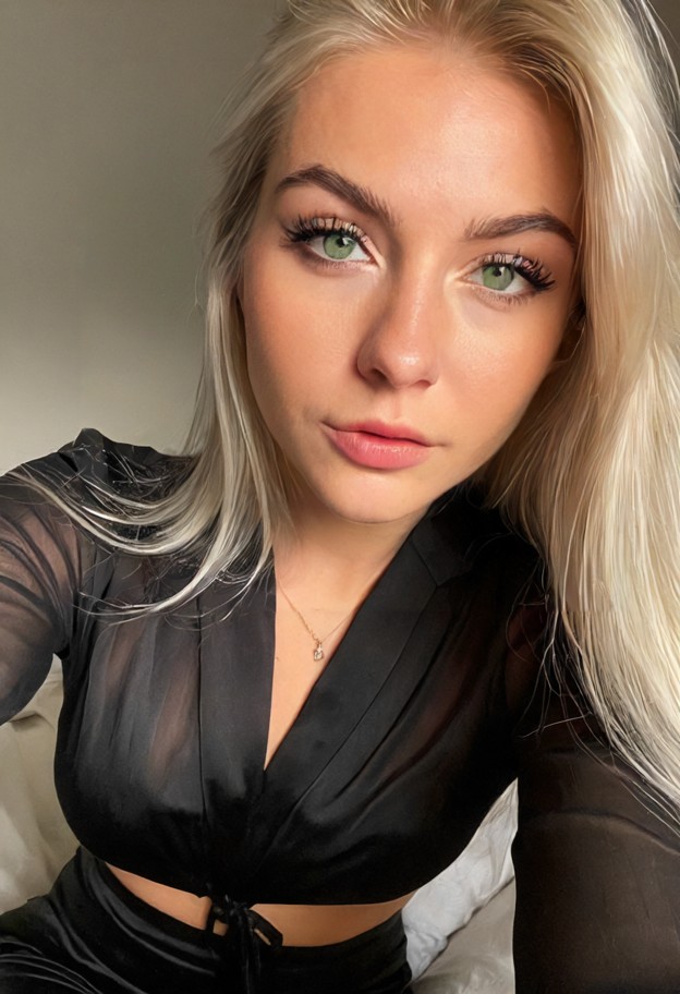 she is is leaning in close to the viewer,silk blouse,dark tailored trousers,unknown setting,medium shot,soft lighting…