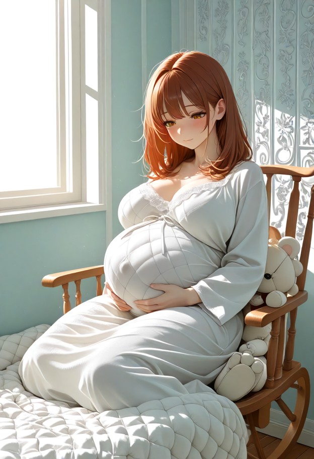 she is sitting on the bed,one hand placed on her pregnant belly,hyper belly,hyper breasts,loose white cotton nightgow…