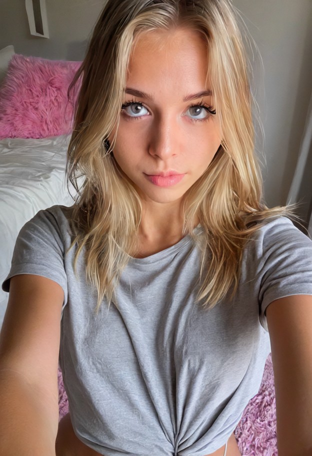 she is twisting hair,solo,oversized grey cotton t-shirt,bedroom,messy white sheets,pink rug,selfie closeup,soft lighting