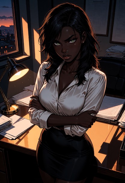 Location: dim office interior during late afternoon, with long amber shadows stretching across a cluttered desk and t…