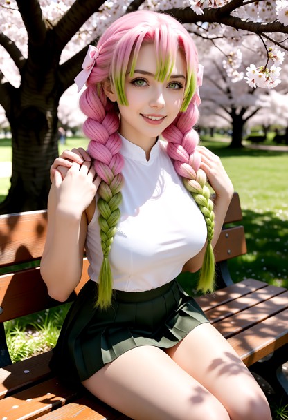 Location: sunny afternoon at a quiet outdoor park bench under the shade of a large cherry blossom tree, with dappled …
