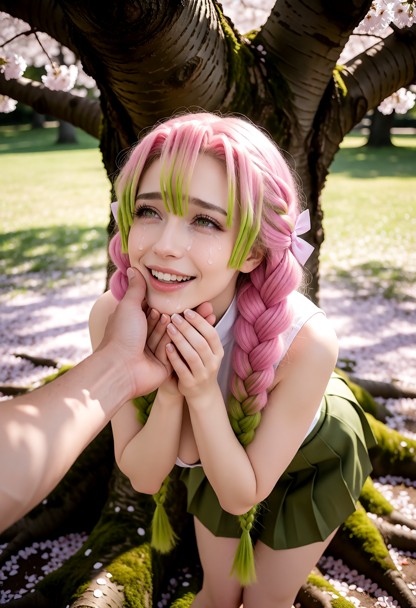Location: sunny afternoon behind a massive, textured cherry blossom tree in a quiet park, with dappled sunlight and s…