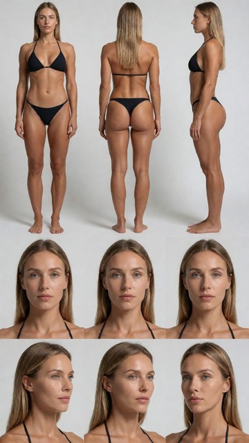 Skin must be clean and flawless: no tattoos, no scars, no marks, no blemishes. Wearing a minimal bikini black, perfec…