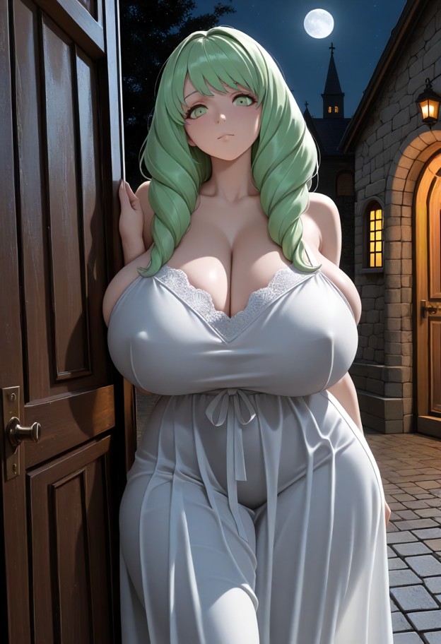 flayn stands nervously before a heavy wooden door,thin white silk nightgown,monastery grounds,stone walkways,dark sha…