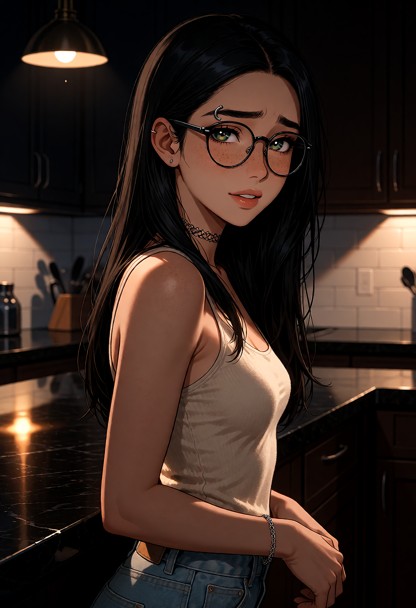 Location: evening in a kitchen with soft ambient light from a dim overhead fixture and warm reflections on the polish…