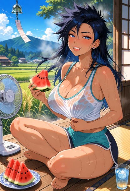 1girl, solo, anime style, extremely hot japanese countryside summer, sitting on a wooden engawa of a traditional japa…