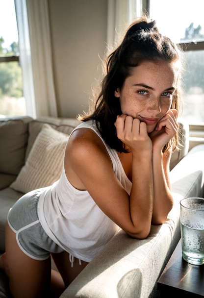 Location: cozy living room during a bright afternoon with soft sunlight streaming through the windows, illuminating t…