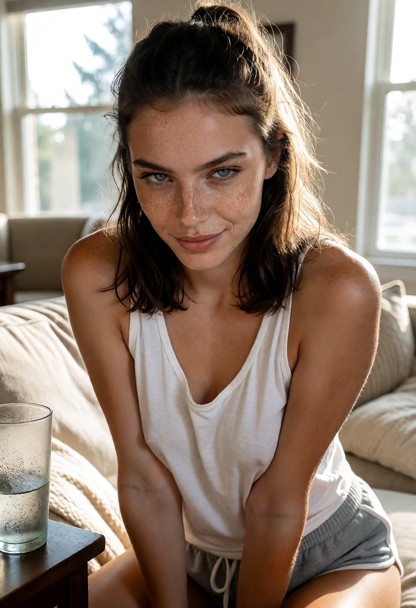 Location: cozy living room during a bright afternoon with soft sunlight streaming through the windows, illuminating t…