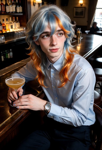 Location: afternoon in a quiet, dimly lit bar with polished dark wood surfaces, amber-colored glass bottles behind th…