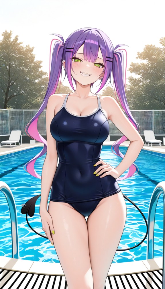 1girl,solo,standing,facing_viewer,hand_on_own_hip,school_swimsuit,teeth,smug,blushing,front view,full-body view,head-…
