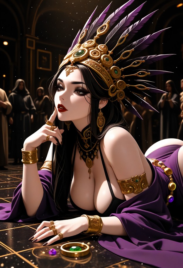 she is leaning in close and tracing her finger along the jaw,regal purple robes,bird feather headdress,opulent chambe…