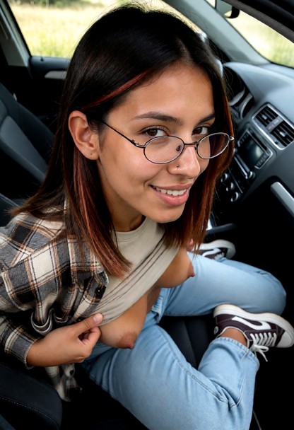 The scene is set inside a car, with the car seat and dashboard visible. She's in thrifty clothing, a flannel shirt, a…