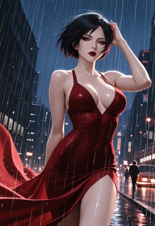 (ada
 wong:1.4),back to camera,looking over burning city skyline,(red 
dress flowing in wind:1.3),(rain droplets on s…