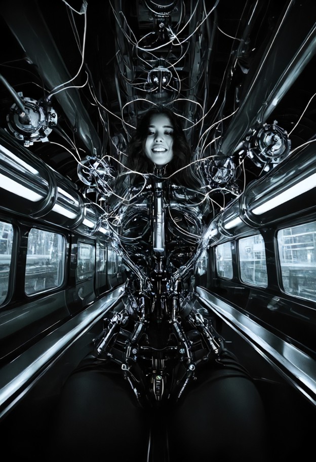 high-contrast black and white chomatic image,no color. a nightmarish cyber-industrial fever dream inspired by the raw…