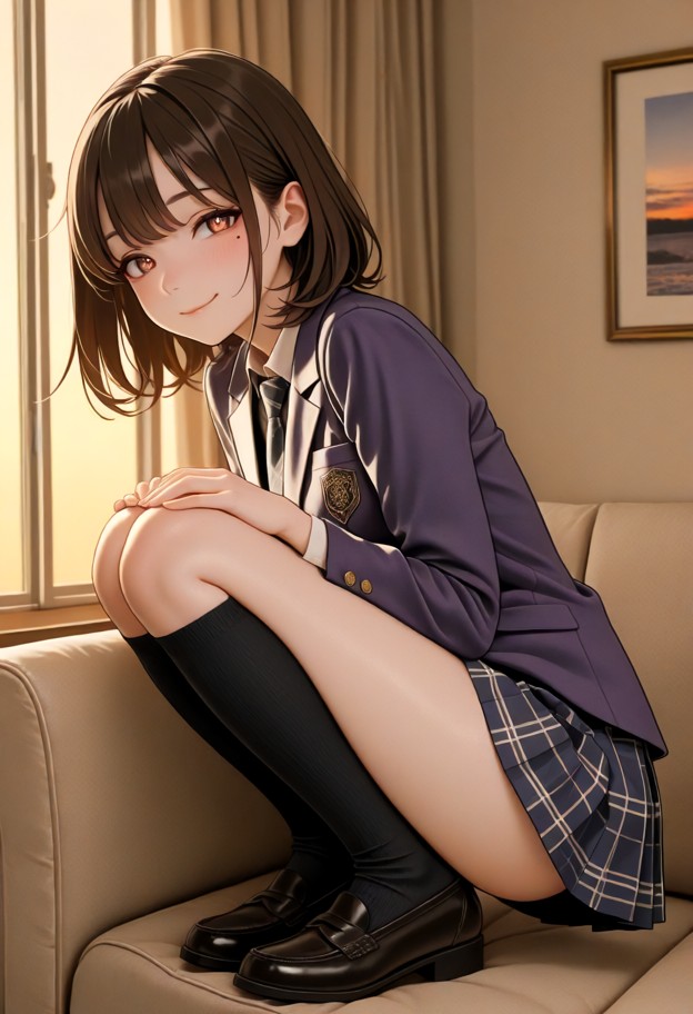 solo,crouching,twerking,looking at viewer,view from behind,,school uniform,skirt,blazer,tie,knee-high socks,light mak…
