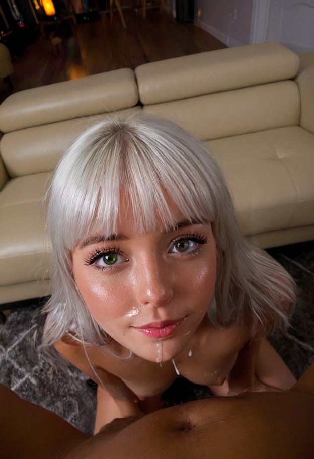 on her knees with face covered in cum,she is,naked,boobs,living room,brown leather couch,wooden coffee table,dimly li…
