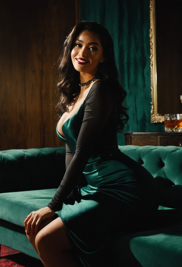 a raw 1930s backstage photograph of an exhausted black blues singer sitting on a dark green velvet sofa in her dressi…