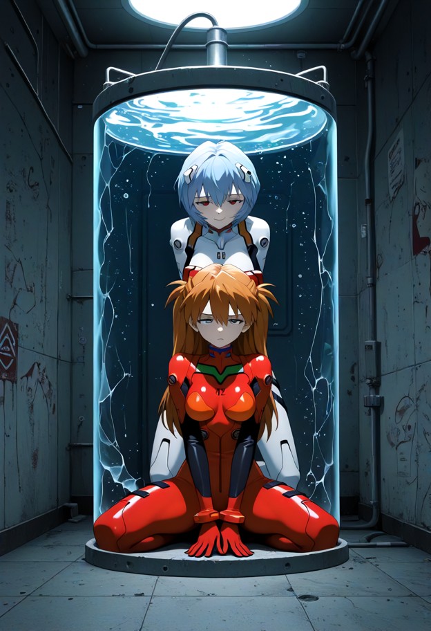 she is,sitting in glass tank,naked,inside water tank,gold diving goggles,sad,kneeling,spread legs,hands together,hand…