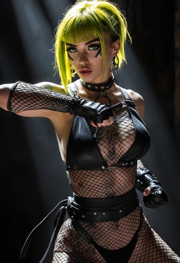 a powerful female fighter in a low martial arts stance,fists raised in defense,intense gaze,cinematic lighting,sharp …