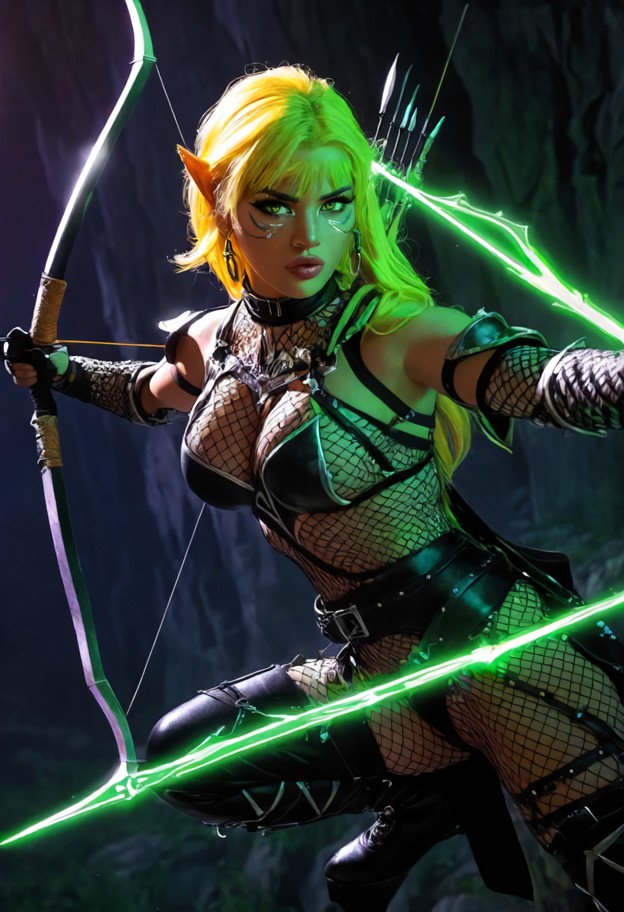 a female elven archer mid-air,drawing a glowing energy bow,aiming downwards,high fantasy aesthetic,dynamic perspective.